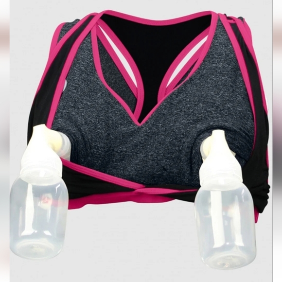 2 Medium Cake Lotus Hands Free Pumping Sports Nursing Bra pink & teal VGUC - Picture 4 of 13